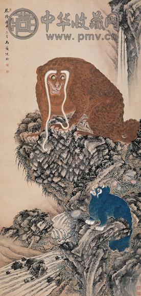 沈铨 太少神狮 立轴 设色纸本