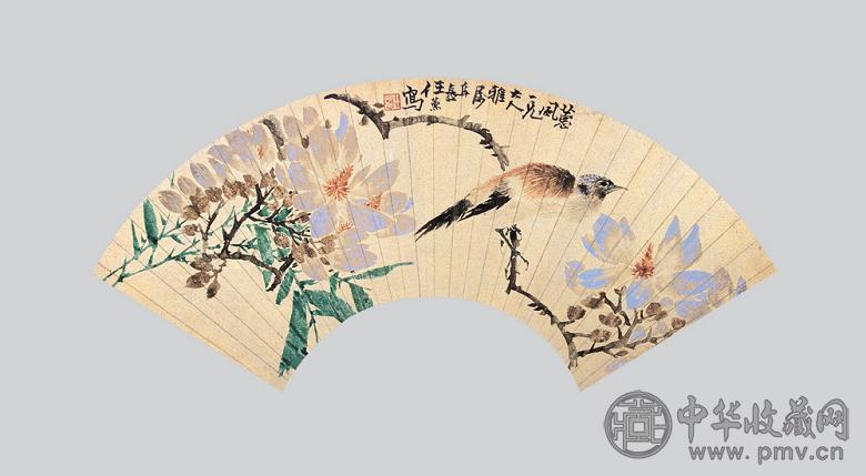 任薰 花鸟 扇面 金笺