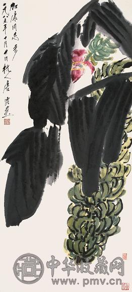 唐云 1985年 红花芭蕉 镜心 设色纸本