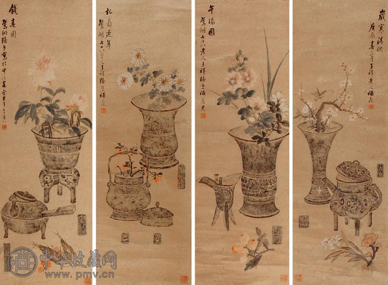 张熊 庚辰(1880年)作 博古花卉 四屏 设色纸本