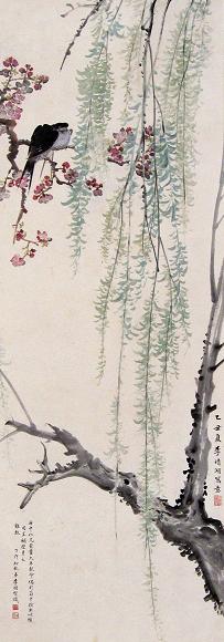 李晴湖 乙酉(1925年)作 杏花燕子 立轴 设色纸本