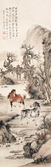 溥佺 丁亥(1947年)作 双马 立轴 设色纸本