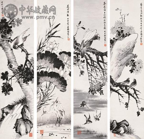 李石君 花鸟 四屏 纸本水墨