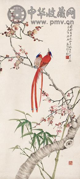 汤心余 癸酉(1933年)作 花鸟 立轴 设色纸本