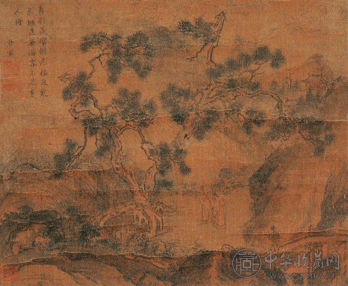 唐寅 古寺松风 立轴 设色绢本