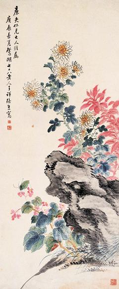 张熊 1880年作 海棠秋菊 立轴 设色纸本