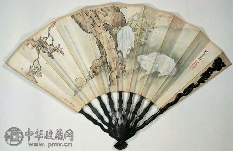 刘奎龄 双兔、刘英年书法 扇面 设色纸本