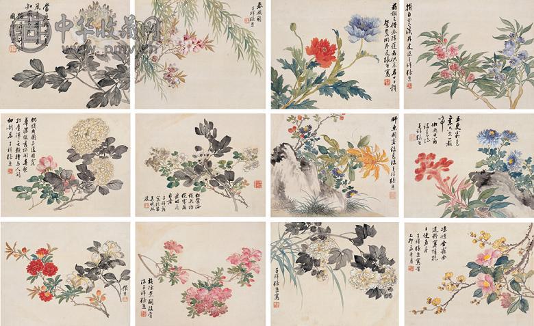 张熊 没骨花卉图册 册页(12开) 设色绢本