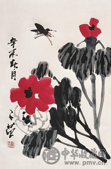 崔子范 辛未(1991年)作 花蝶 立轴 设色纸本
