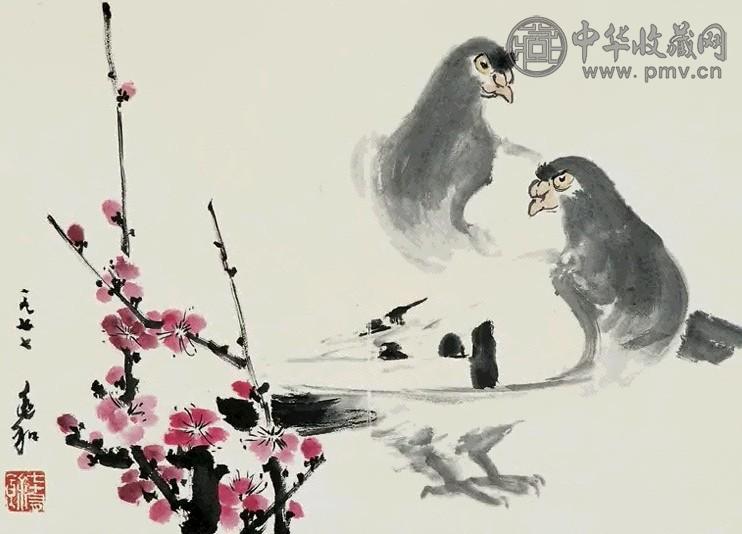 蒋兆和 1977年作 花鸟 镜框 纸本设色