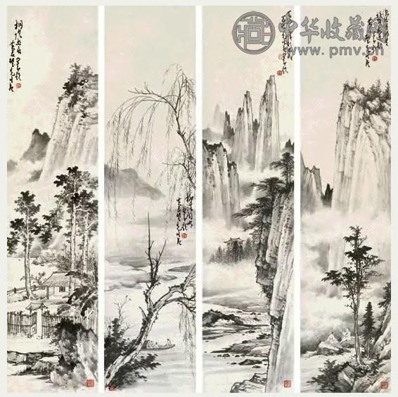 黄君璧 山水 四屏 水墨纸本