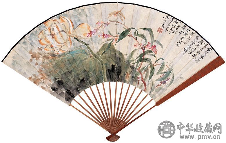 樊浩霖 陈陶遗 白荷红蓼图 章草 成扇 设色纸本