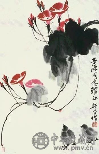 娄师白 牵牛小鸡 立轴 设色