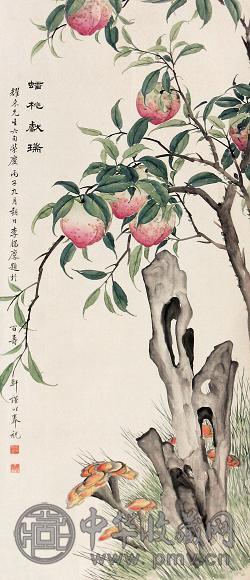 李锡麟 丙子(1936年)作 蟠桃献瑞 立轴 设色绢本