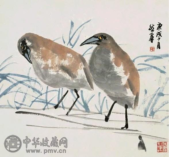 来楚生 1970年作 双禽图 立轴 设色纸本