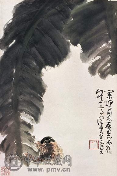 陈佩秋 丙辰(1976年)作 蕉叶鸳鸯 立轴 设色纸本