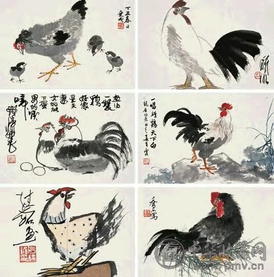 程十发 吴青霞 刘旦宅 等 群鸡图 册页(10开) 设色纸本