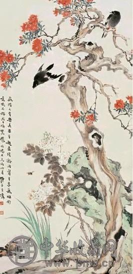 王师子 石榴八哥 立轴 设色纸本