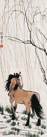 徐悲鸿 柳下立马图 立轴 设色纸本