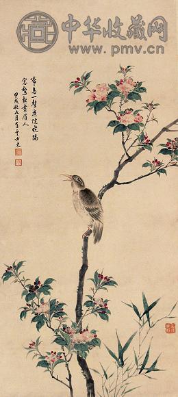 肖云 甲戌(1934年)作 花鸟 立轴 设色纸本