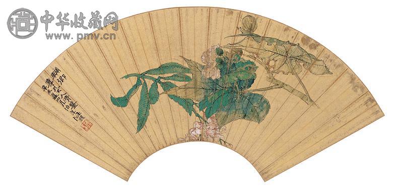 任颐 1871年作 风吹芙蓉醉 扇面 设色金笺