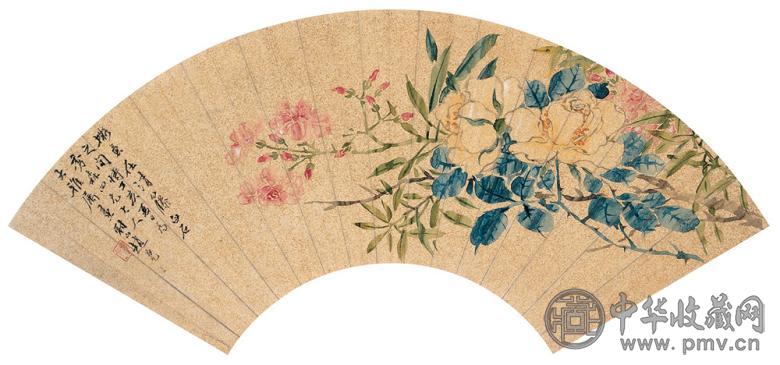 赵冕 红蔷黄薇图 扇面 设色洒金笺