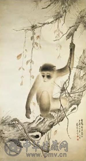 近代 高奇峰 月猴图 轴