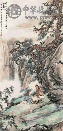 袁培基 松下对弈图 立轴 设色纸本