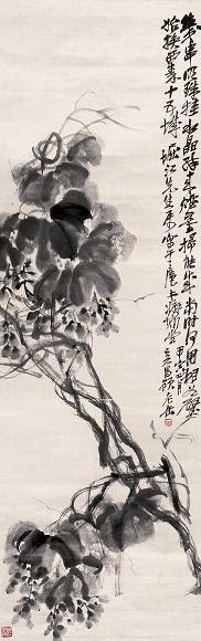 吴昌硕 甲寅(1914年)作 笔底明珠 立轴 水墨绫本