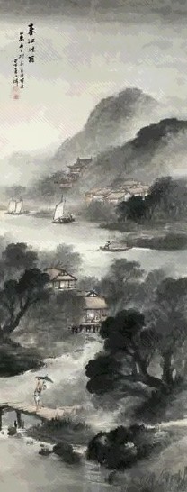 吴石僊 1895年作 春江烟雨图 立轴 水墨纸本