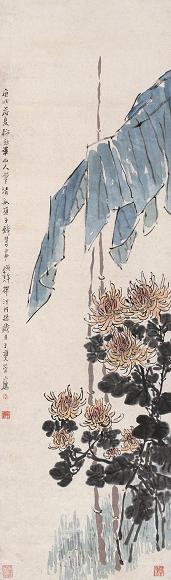 钱慧安 1910年作 芭蕉秋菊 立轴 设色纸本