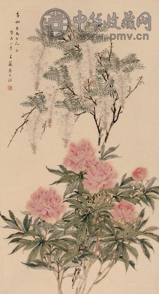 李文沼 癸未(1943年)作 紫藤牡丹 立轴 设色纸本