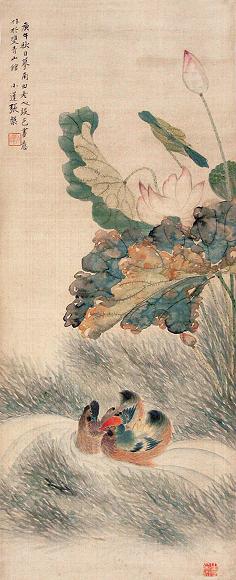 张盘 庚午(1810年)作 荷花鸳鸯 立轴 设色绢本