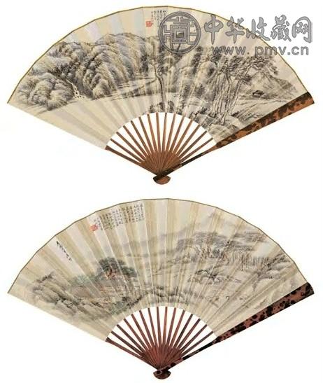 近现代 沈塘 临戴熙松亭爽籁、汤贻汾山水 成扇