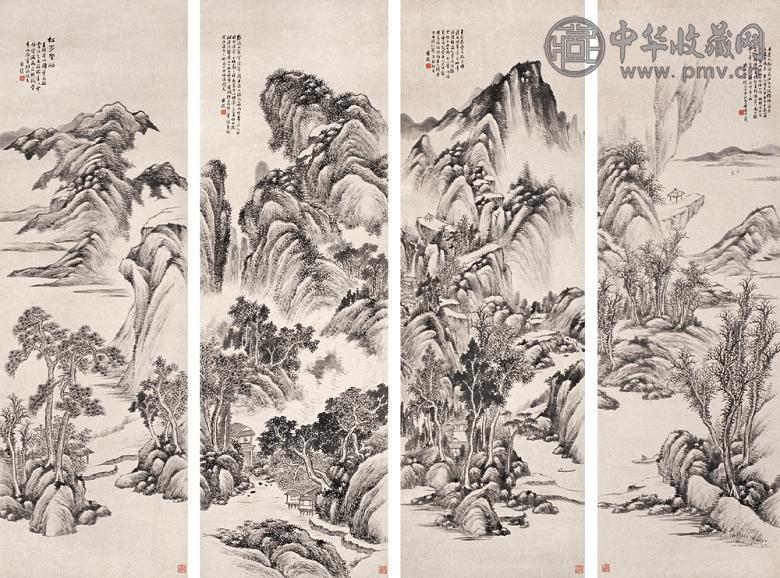 何维朴 庚戌(1910年)作 山水 四屏 设色纸本