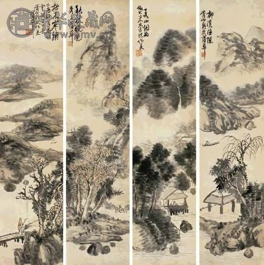 蒲华 乙酉(1885年)作 四季山水(4件) 屏轴 水墨纸本