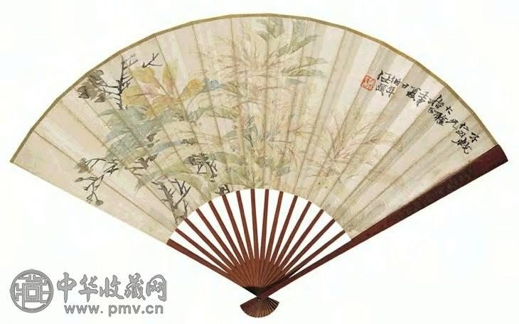 任伯年 花卉并行书画法 成扇