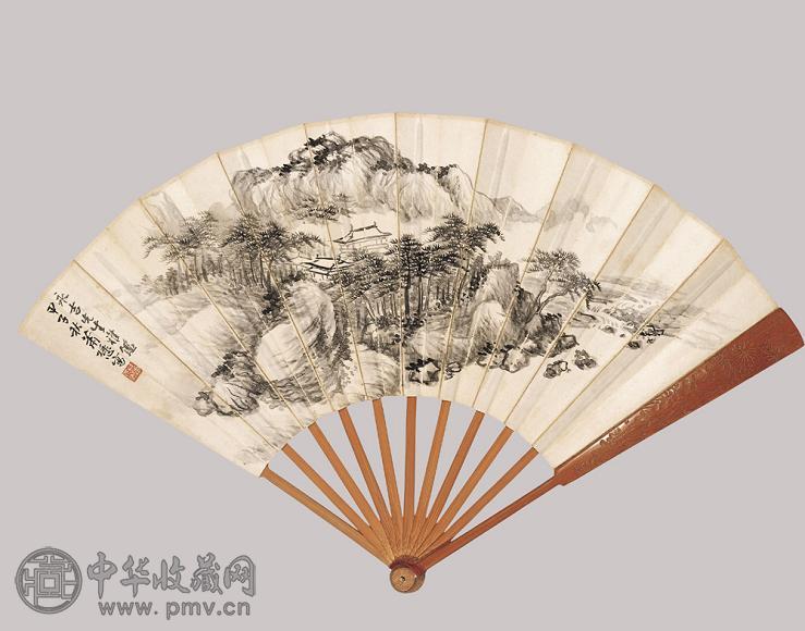 萧谦中 张伯英 山水 书法 成扇 纸本
