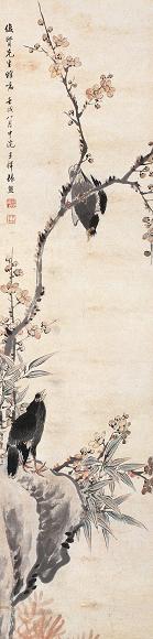 张熊 壬戌(1862年)作 花鸟 立轴 设色纸本