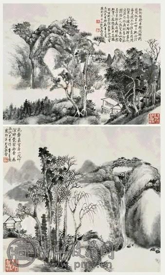 应野平 林泉高隐图 一套二张 镜心 设色纸本