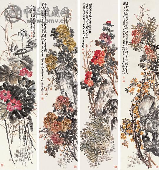 王个簃 1962年作 花卉四屏 立轴 设色纸本