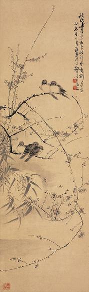 胡璋 乙未(1895年)作 花鸟 立轴 设色纸本