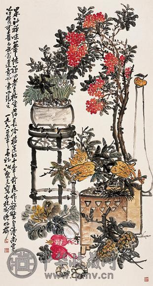 诸乐三 1962年作 清供图 立轴 设色纸本