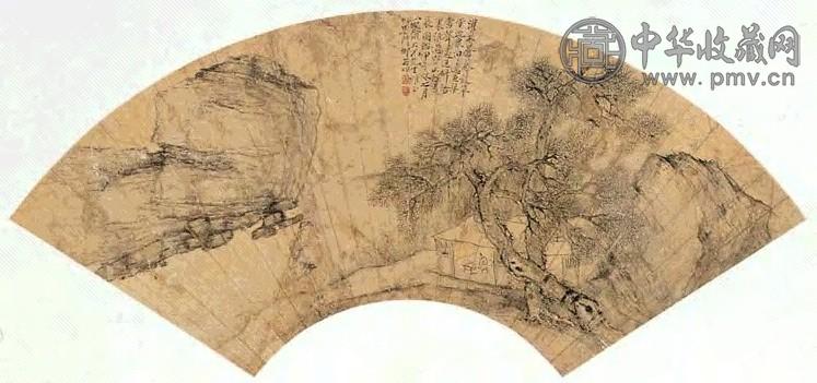 柳谷伯 甲子(1864年)作 松荫读书图 扇片 水墨金笺