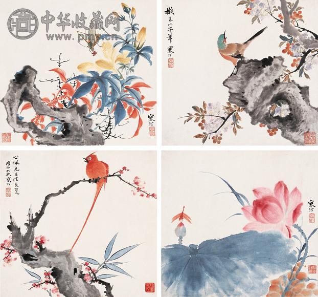 江寒汀 独占枝头图 四屏 设色纸本