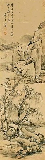 罗牧 1671年作 山水 立轴 水墨绢本