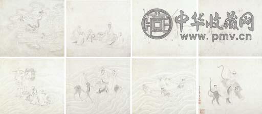 丁云鹏 白描十八罗汉 册页(12开) 水墨纸本