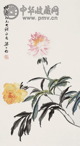 梁公约 花卉 立轴 设色纸本