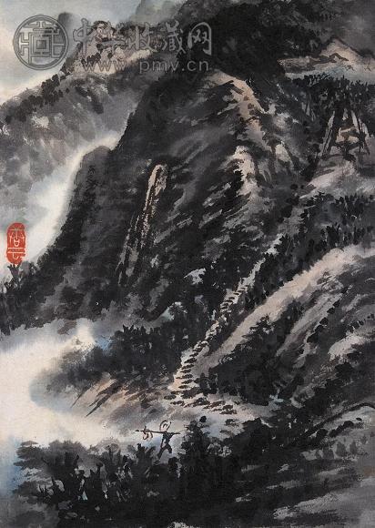 唐云 山中行图 镜心 设色纸本