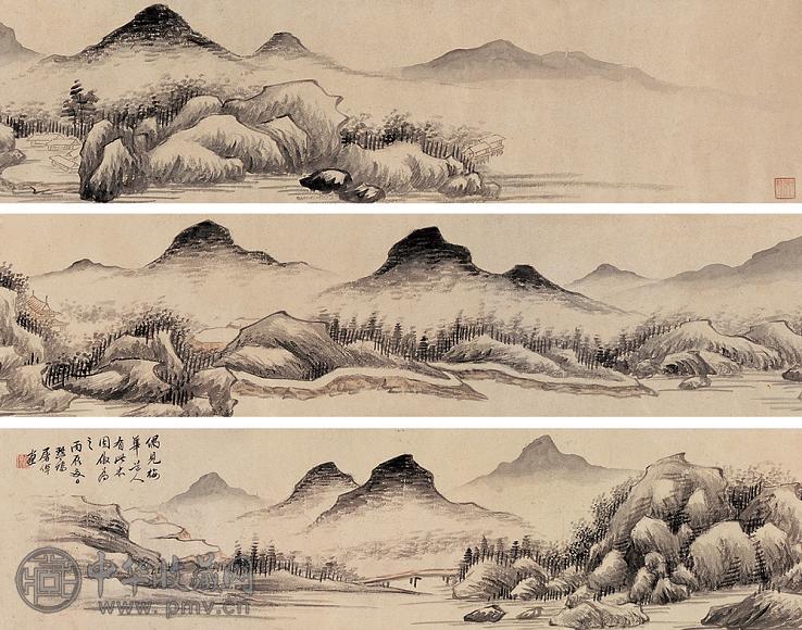 屠倬 丙辰(1796年)作 溪山图 手卷 设色纸本